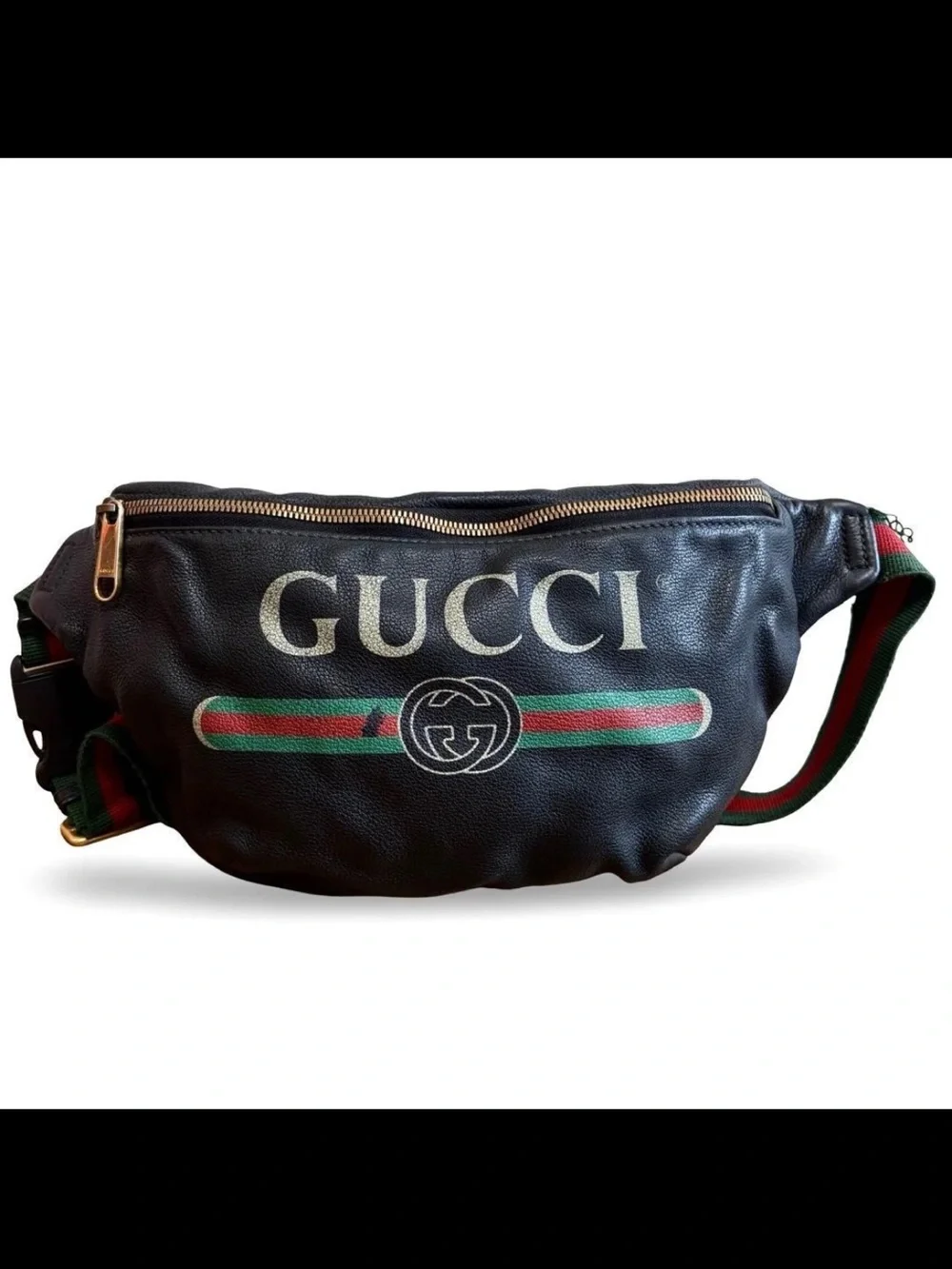 GUCCI Black Leather Logo Web Stripe Belt Bag